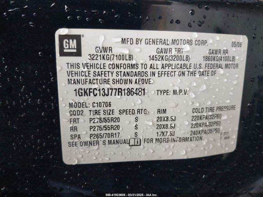 2007 GMC Yukon Slt VIN: 1GKFC13J77R186481 Lot: 41923608