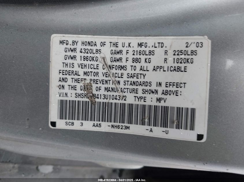 2003 Honda Cr-V Lx VIN: SHSRD68413U104372 Lot: 41923664