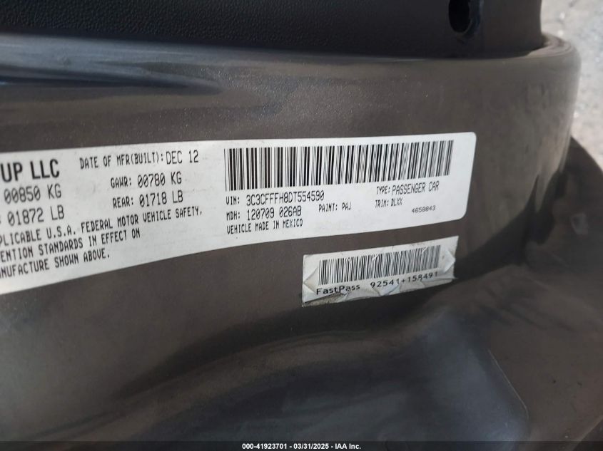 2013 Fiat 500 Abarth VIN: 3C3CFFFH8DT554590 Lot: 41923701