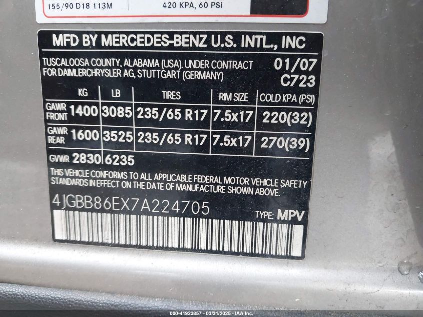 2007 Mercedes-Benz Ml 350 4Matic VIN: 4JGBB86EX7A224705 Lot: 41953431