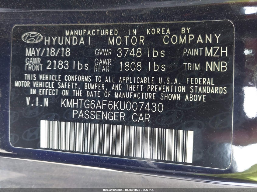 2019 HYUNDAI VELOSTER VIN: KMHTG6AF6KU007430