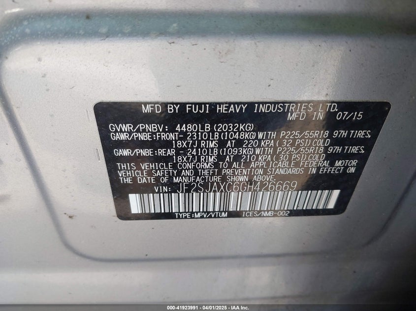 2016 SUBARU FORESTER VIN: JF2SJAXC6GH426669