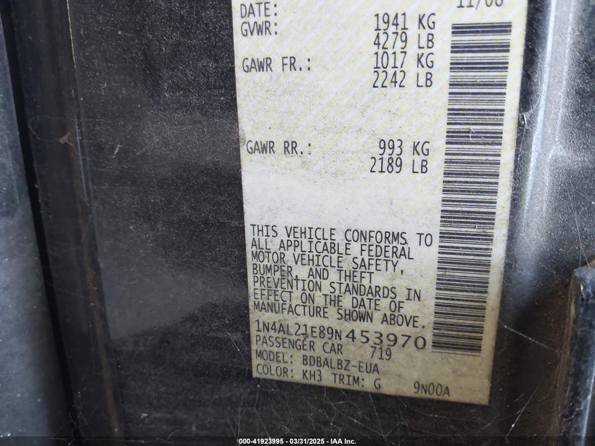 2009 NISSAN ALTIMA VIN: 1N4AL21E89N453970