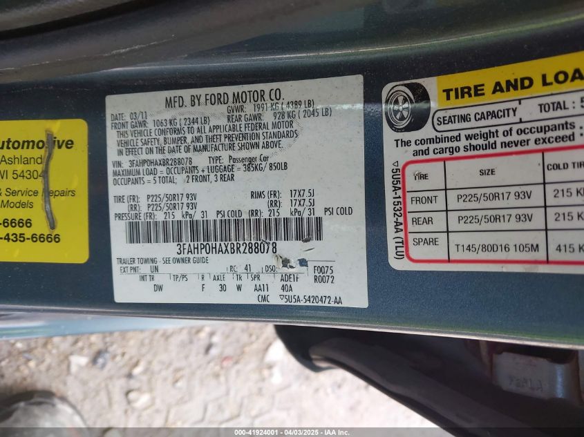 2011 Ford Fusion Se VIN: 3FAHP0HAXBR288078 Lot: 41924001