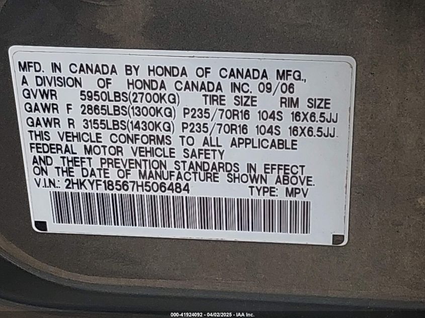 2007 Honda Pilot Ex-L VIN: 2HKYF18567H506484 Lot: 41924092