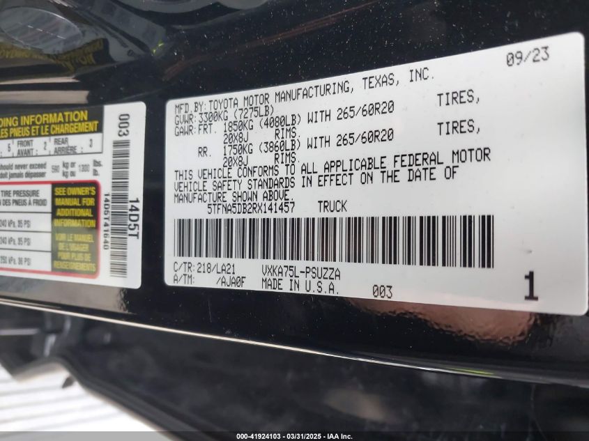 2024 Toyota Tundra - 5TFNA5DB2RX141457