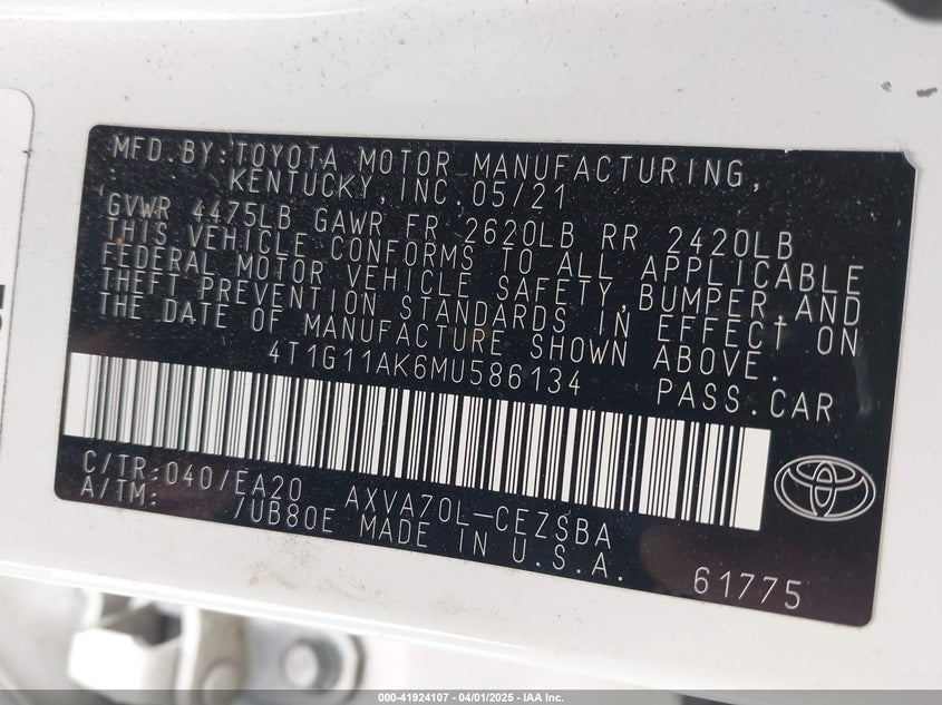 2021 TOYOTA CAMRY VIN: 4T1G11AK6MU586134