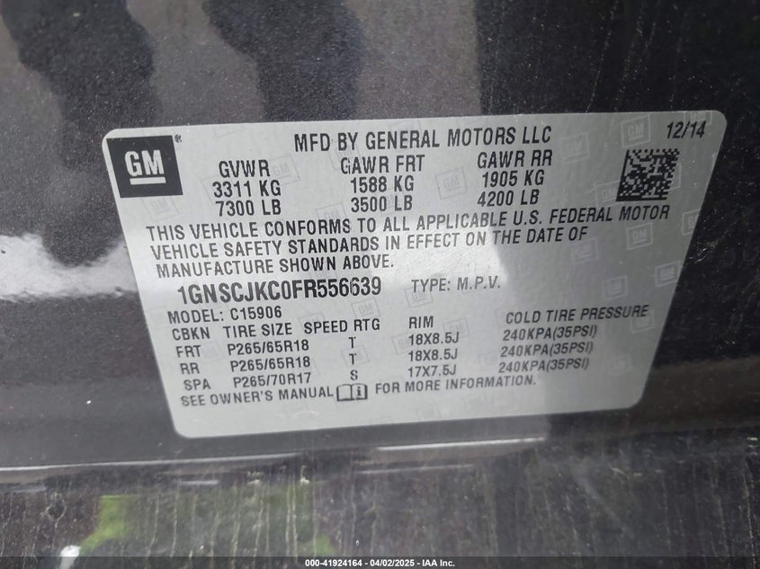 2015 CHEVROLET SUBURBAN 1500 VIN: 1GNSCJKC0FR556639