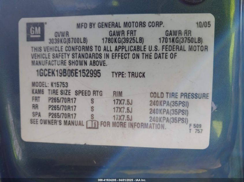 2006 Chevrolet Silverado 1500 Lt3 VIN: 1GCEK19B06E152995 Lot: 41924205