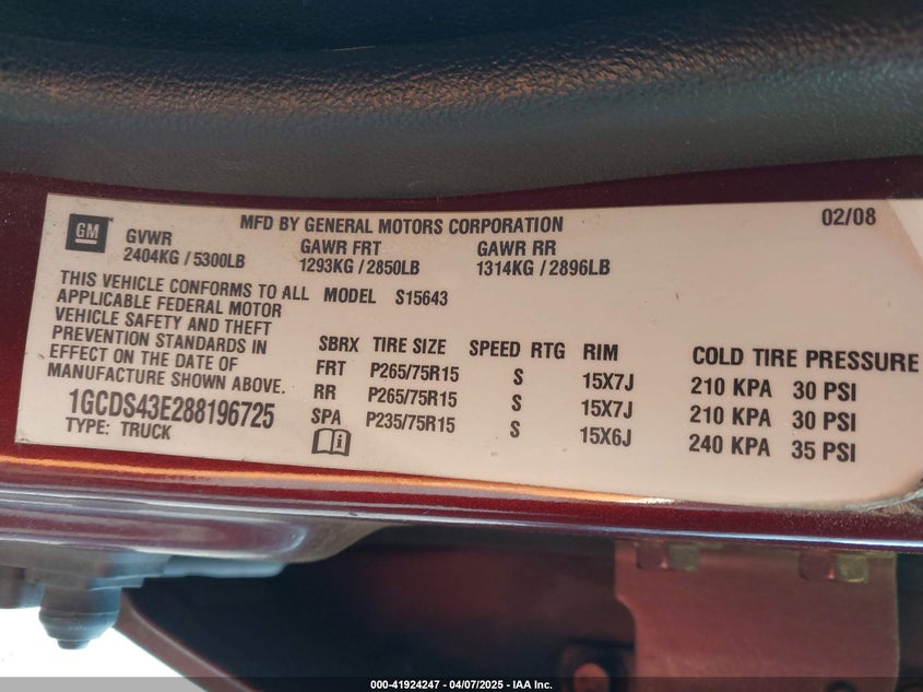 2008 CHEVROLET COLORADO VIN: 1GCDS43E288196725
