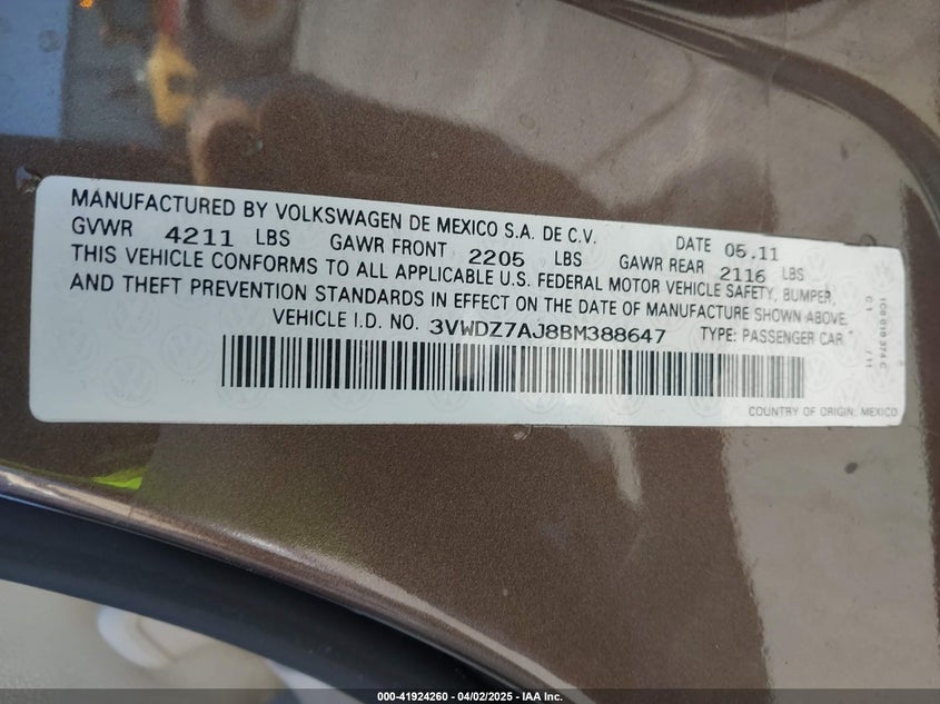 2011 VOLKSWAGEN JETTA VIN: 3VWDZ7AJ8BM388647