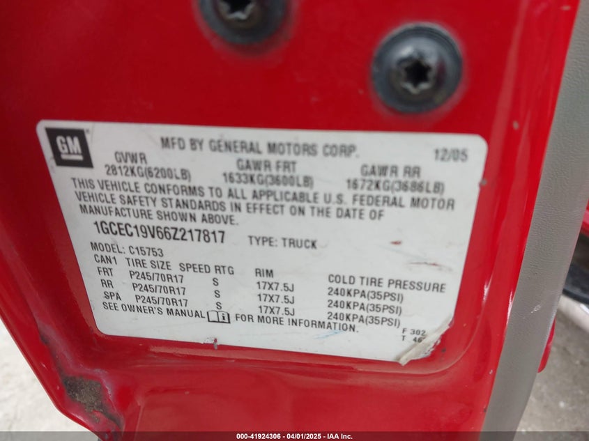 2006 CHEVROLET SILVERADO VIN: 1GCEC19V66Z217817