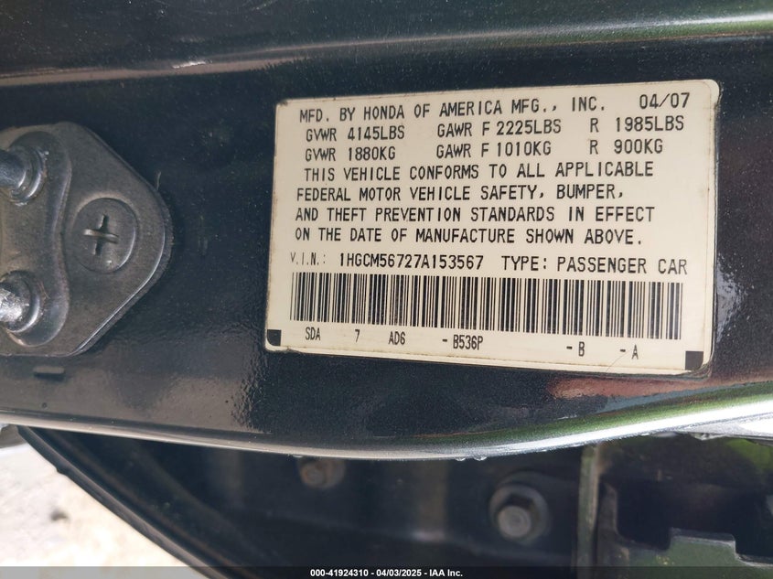 2007 HONDA ACCORD VIN: 1HGCM56727A153567
