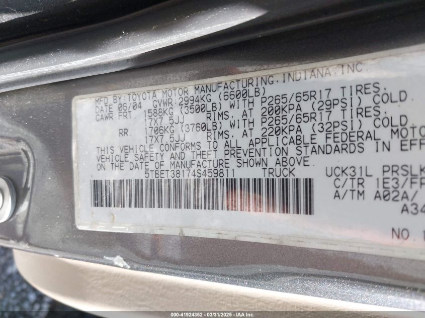 2004 Toyota Tundra Limited V8 VIN: 5TBET38174S459811 Lot: 41924352