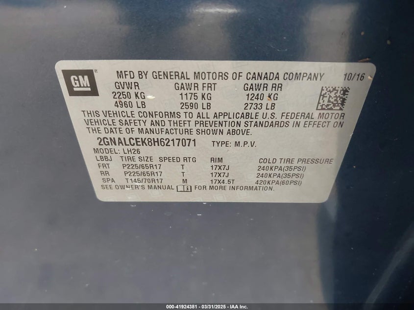 2017 CHEVROLET EQUINOX VIN: 2GNALCEK8H6217071