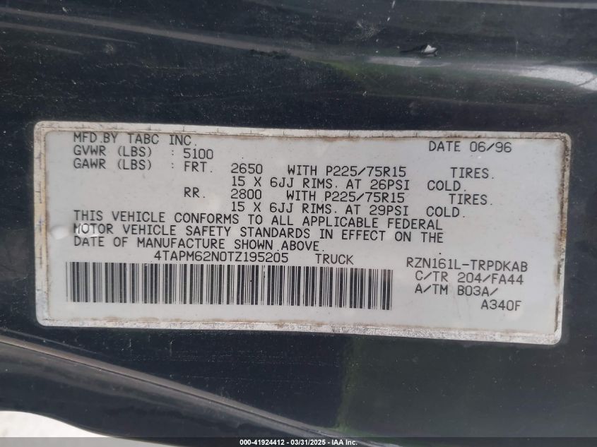 1996 Toyota Tacoma VIN: 4TAPM62N0TZ195205 Lot: 41924412