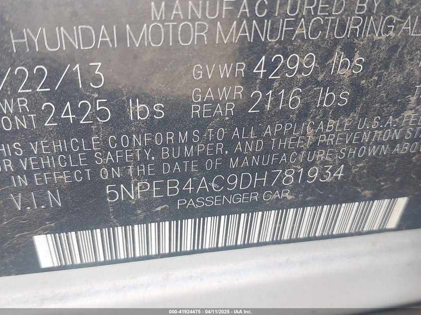 2013 Hyundai Sonata Gls VIN: 5NPEB4AC9DH781934 Lot: 41924475