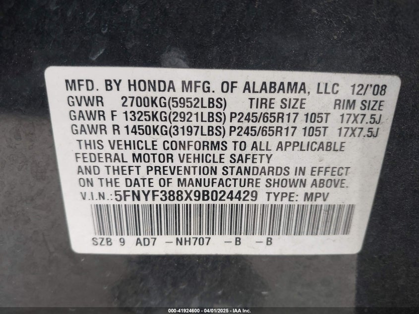 2009 HONDA PILOT VIN: 5FNYF388X9B024429