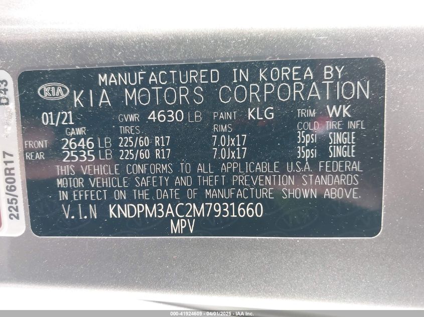 2021 Kia Sportage Lx VIN: KNDPM3AC2M7931660 Lot: 41924609