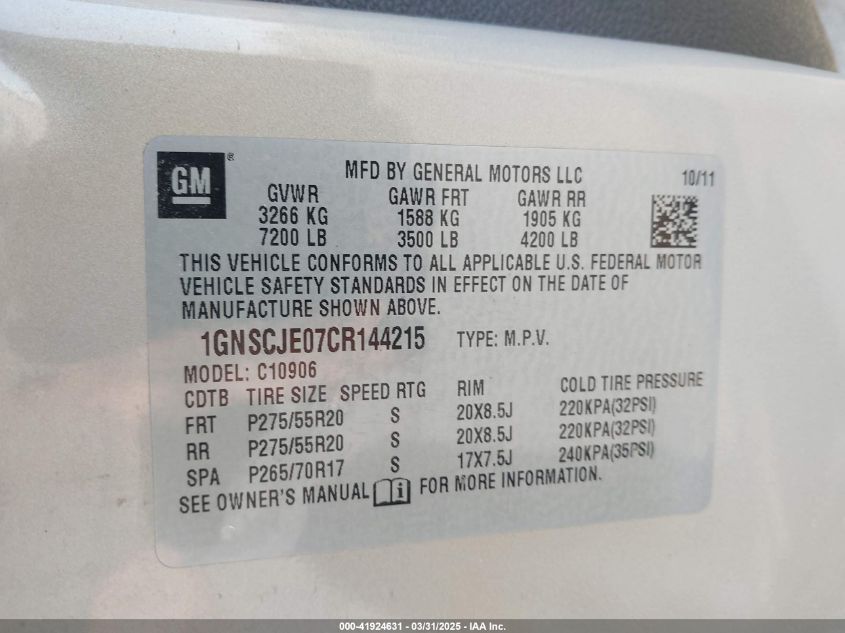 2012 Chevrolet Suburban 1500 Lt VIN: 1GNSCJE07CR144215 Lot: 41924631