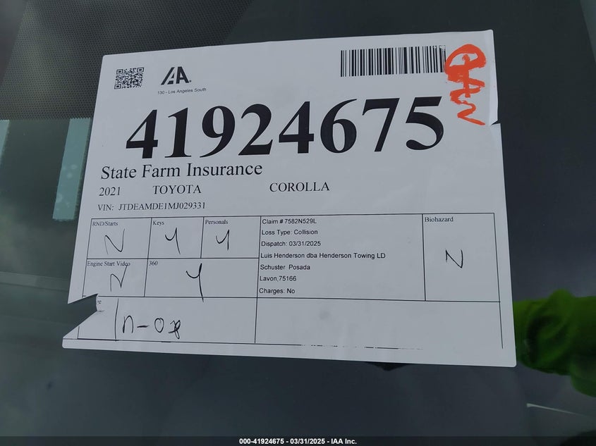 2021 TOYOTA COROLLA VIN: JTDEAMDE1MJ029331