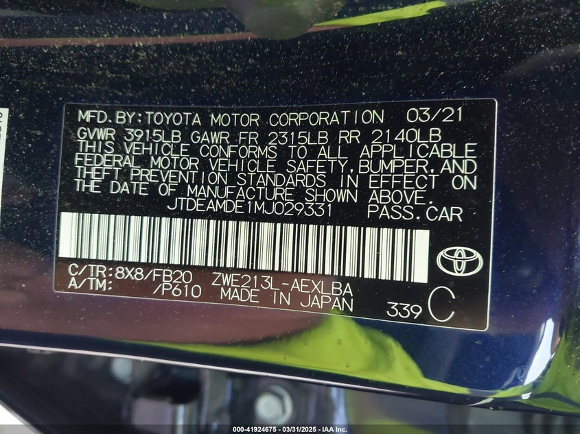 2021 TOYOTA COROLLA VIN: JTDEAMDE1MJ029331