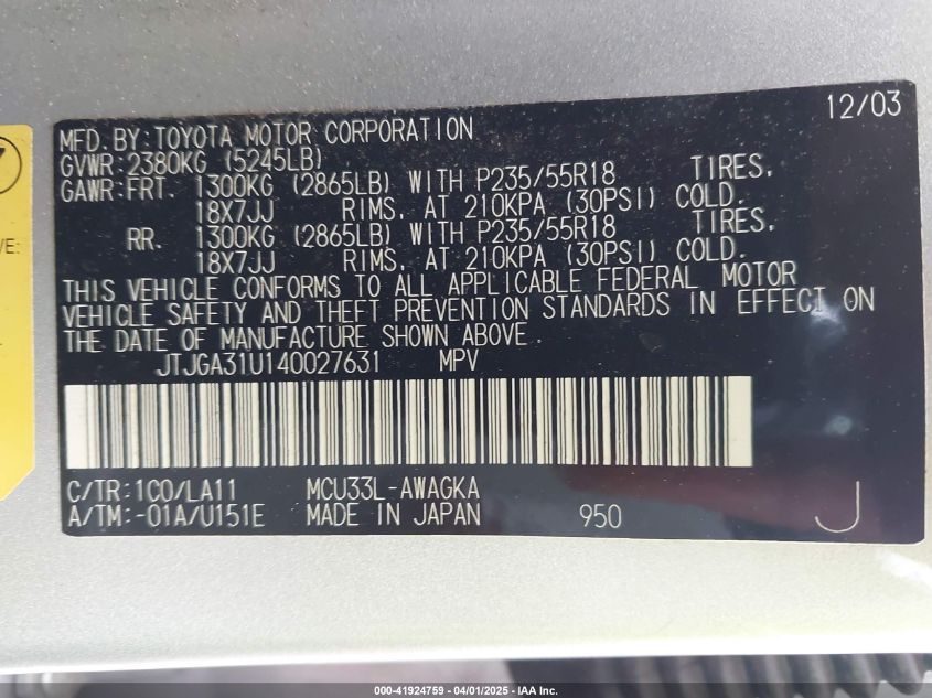 2004 Lexus Rx 330 VIN: JTJGA31U140027631 Lot: 41924759