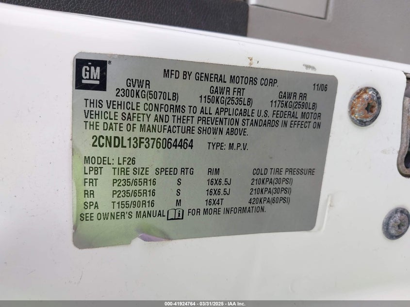 2007 CHEVROLET EQUINOX VIN: 2CNDL13F376064464