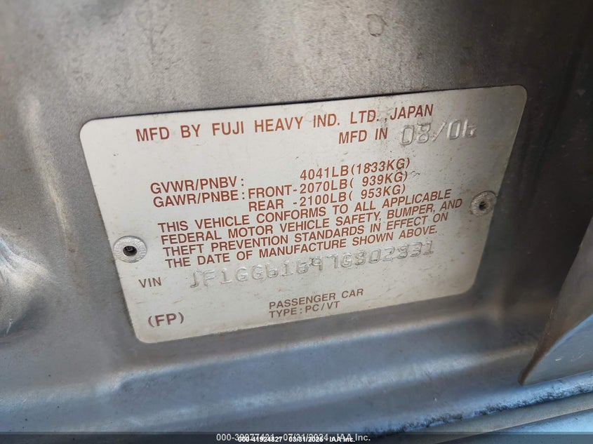 2007 Subaru Impreza 2.5I VIN: JF1GG61697G802831 Lot: 41924827