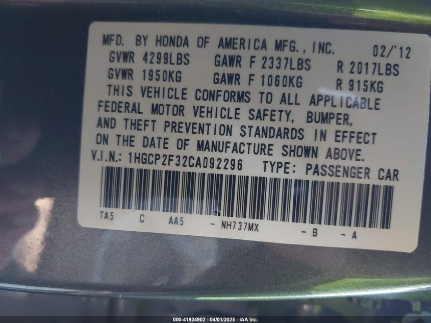 2012 HONDA ACCORD VIN: 1HGCP2F32CA092296