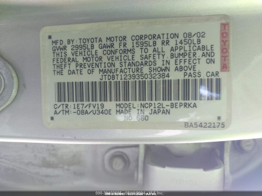 2003 Toyota Echo VIN: JTDBT123935032384 Lot: 41924963