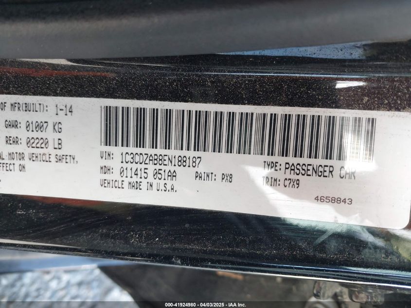 2014 Dodge Avenger Se VIN: 1C3CDZAB8EN188187 Lot: 41924980