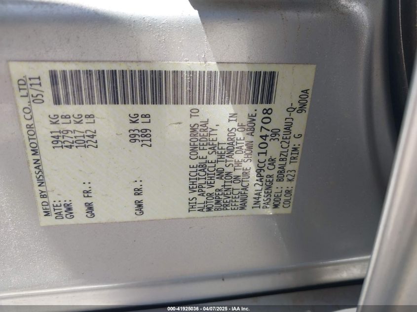 2012 Nissan Altima 2.5 S VIN: 1N4AL2AP9CC104708 Lot: 41925036