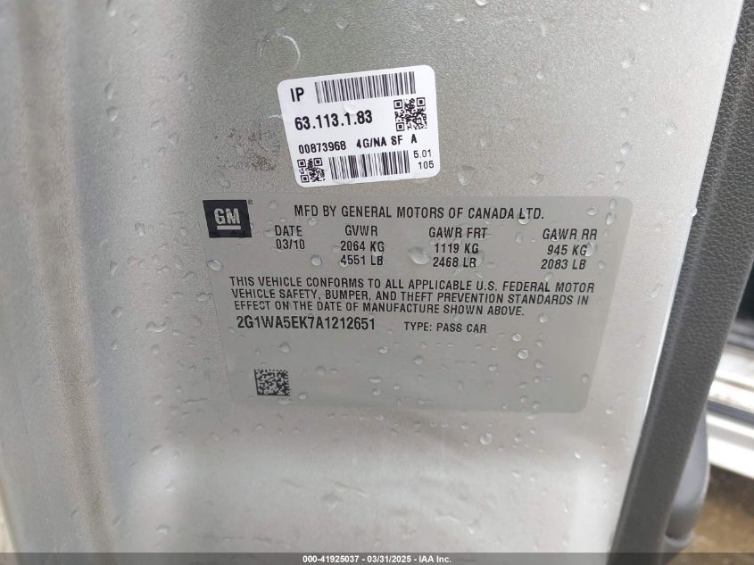 2010 Chevrolet Impala Ls VIN: 2G1WA5EK7A1212651 Lot: 41925037