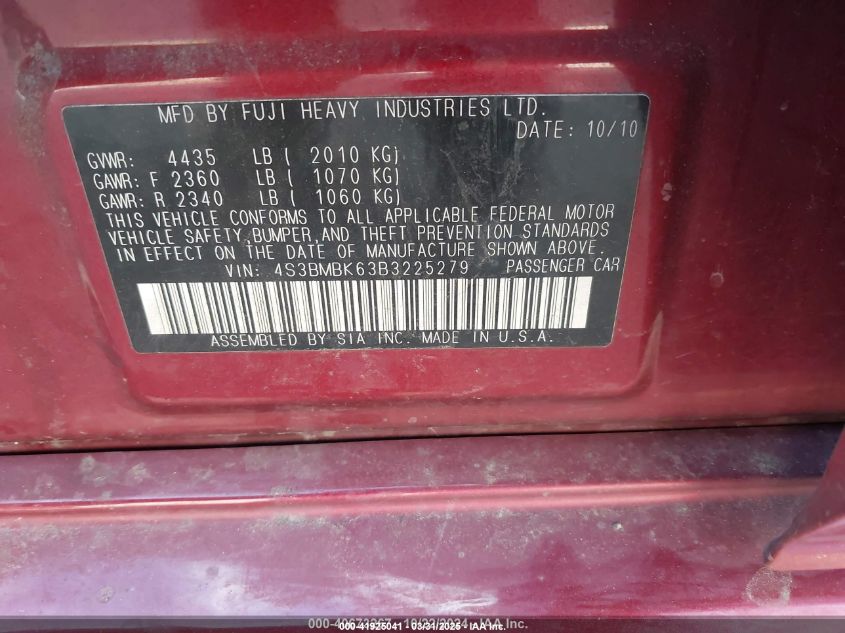 2011 Subaru Legacy 2.5I Limited VIN: 4S3BMBK63B3225279 Lot: 41925041