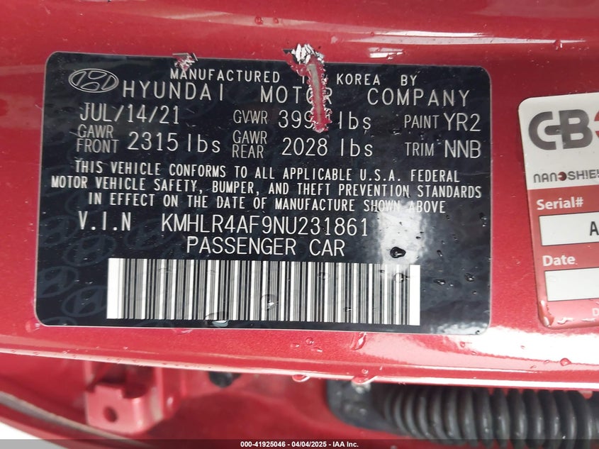 2022 HYUNDAI ELANTRA VIN: KMHLR4AF9NU231861
