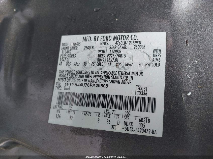 2006 Ford Ranger Sport/Stx/Xlt VIN: 1FTYR44U76PA29508 Lot: 41925067