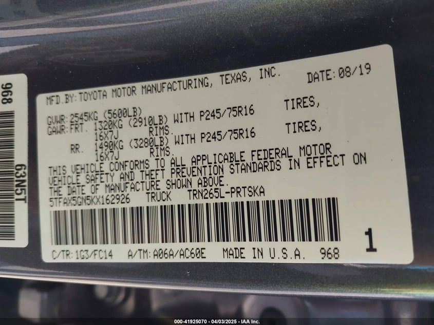 2019 TOYOTA TACOMA DOUBLE CAB/SR/SR5 - 5TFAX5GN5KX162926