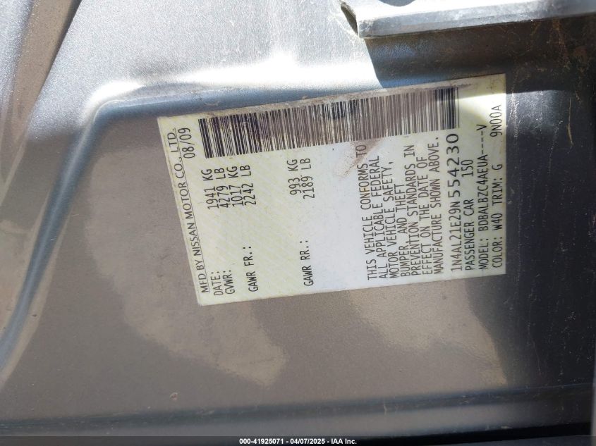 2009 Nissan Altima 2.5 S VIN: 1N4AL21E29N554230 Lot: 41925071