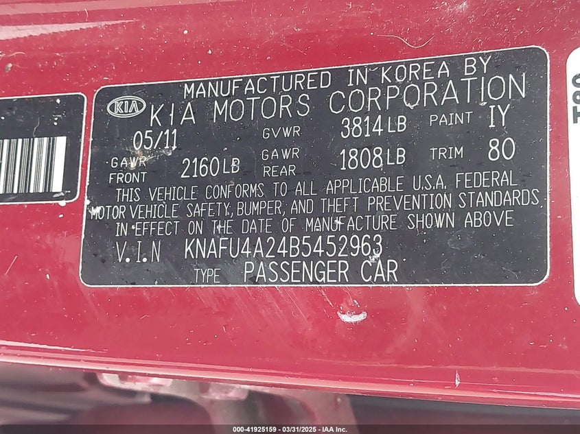 2011 KIA FORTE VIN: KNAFU4A24B5452963