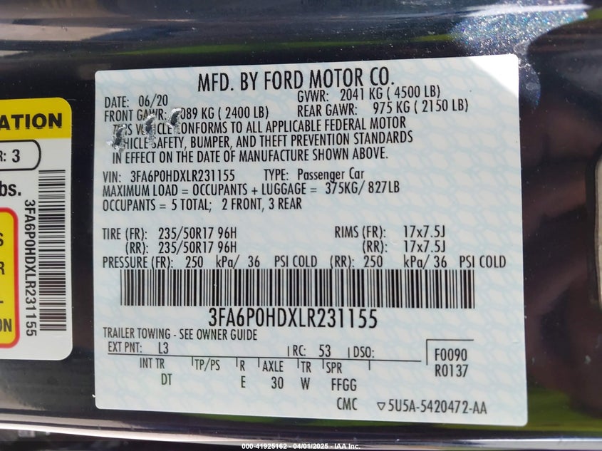 2020 FORD FUSION VIN: 3FA6P0HDXLR231155