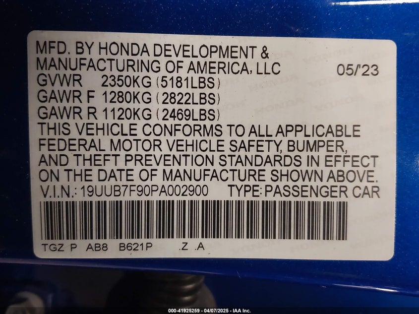 2023 ACURA TLX VIN: 19UUB7F90PA002900