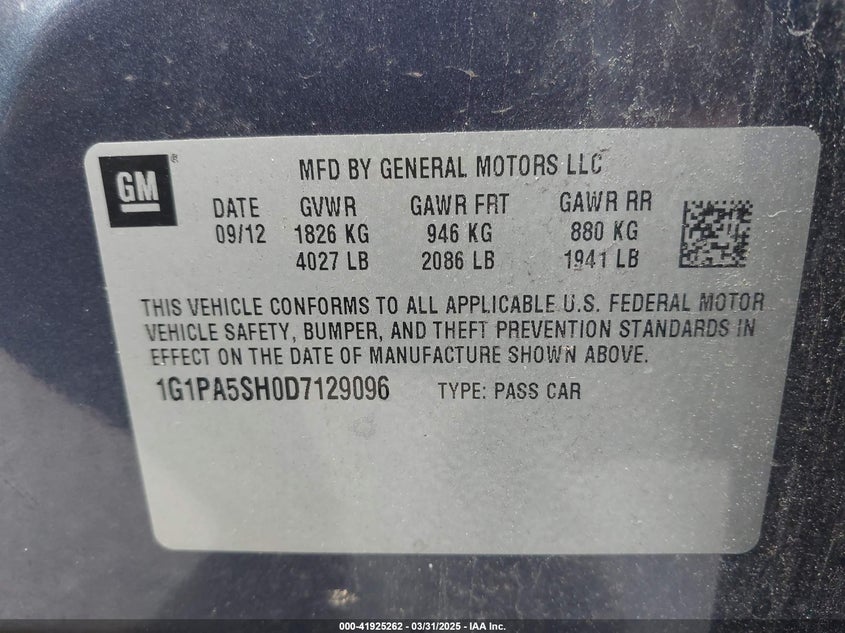 2013 CHEVROLET CRUZE VIN: 1G1PA5SH0D7129096