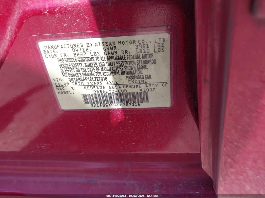 2012 NISSAN SENTRA VIN: 3N1AB6AP1CL727316