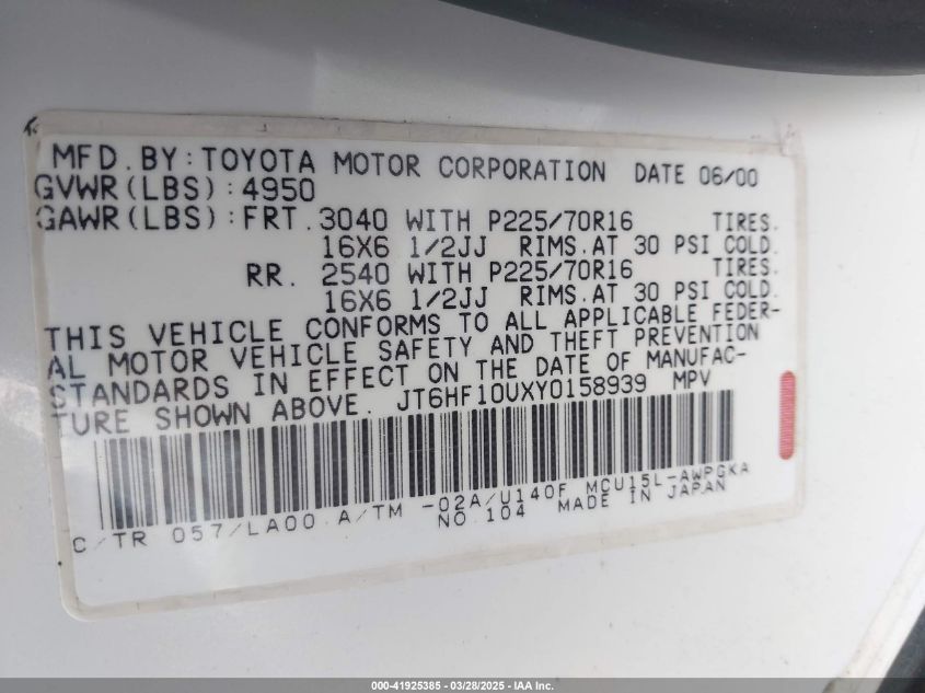 2000 Lexus Rx 300 VIN: JT6HF10UXY0158639 Lot: 41925385