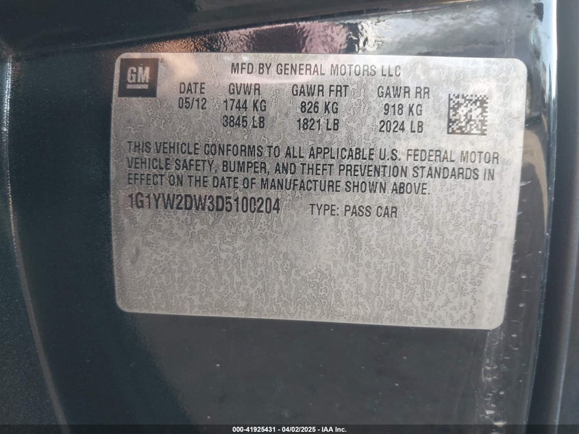 2013 CHEVROLET CORVETTE VIN: 1G1YW2DW3D5100204