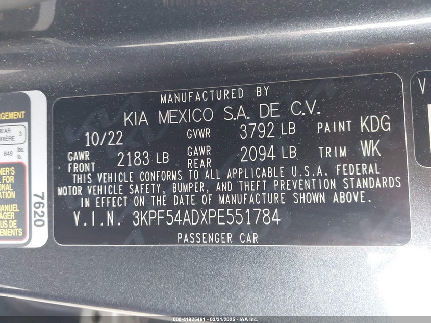 2023 KIA FORTE VIN: 3KPF54ADXPE551784