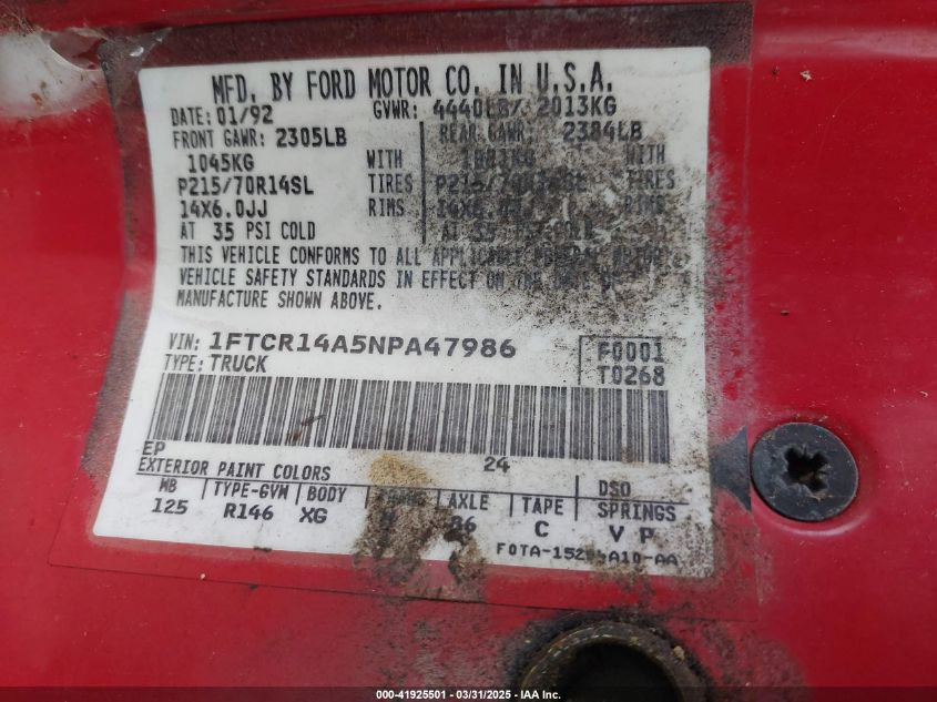 1992 Ford Ranger Super Cab VIN: 1FTCR14A5NPA47986 Lot: 41925501