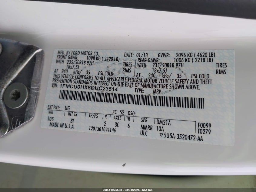 2013 FORD ESCAPE VIN: 1FMCU0HX8DUC23514