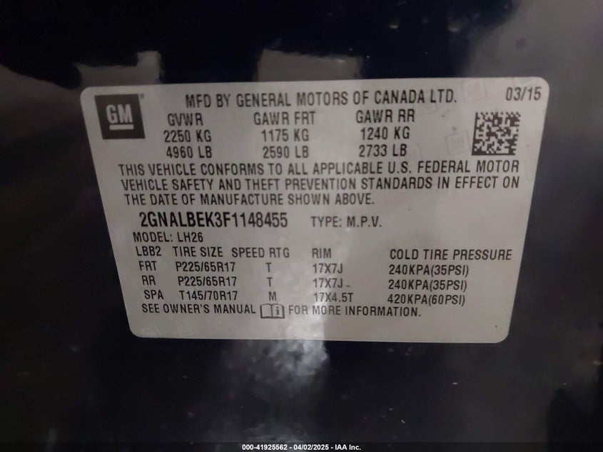 2015 CHEVROLET EQUINOX VIN: 2GNALBEK3F1148455